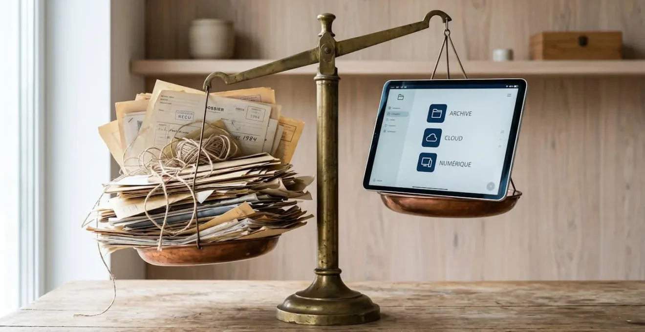 Balance ancienne en laiton en déséquilibre : plateau gauche surchargé de courriers papier empilés et enveloppes débordantes, plateau droit ne contenant qu'une tablette numérique fine et lumineuse sur fond bois clair scandinave