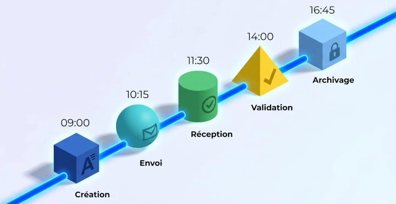 Illustration 3D isométrique représentant workflow de traçabilité numérique : cinq formes géométriques colorées (cube, sphère, cylindre, pyramide) reliées par ligne lumineuse bleue avec horodatages en français, sur fond dégradé clair
