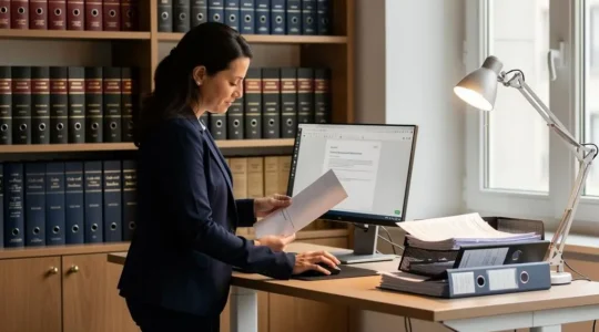 Avocate debout validant une Lettre Recommandée Électronique sur son ordinateur dans un cabinet juridique, un document de référence à la main